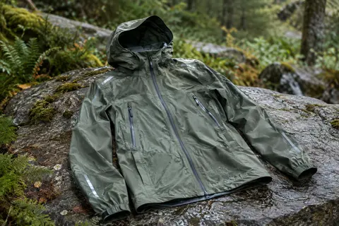 Veste légère à capuche avec poches et détails réfléchissants, posée dans un sous-bois de montagne