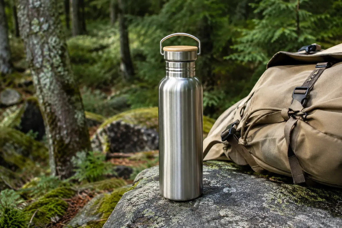 Gourde Bambaw en inox naturel de 750 ml avec bouchon en bambou posée dans un sous-bois de montagne.