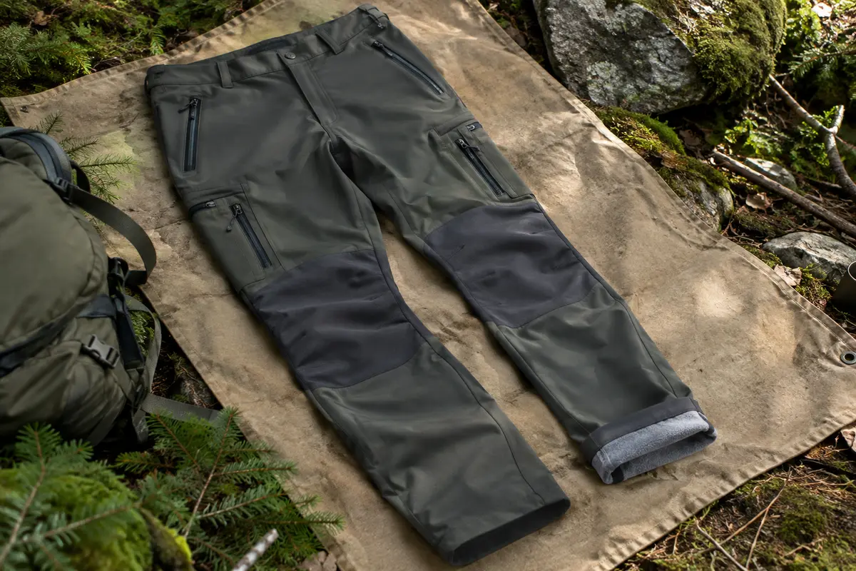 Pantalon softshell BenBoy doublé polaire, avec poches zippées et renforts aux genoux, posé en sous-bois
