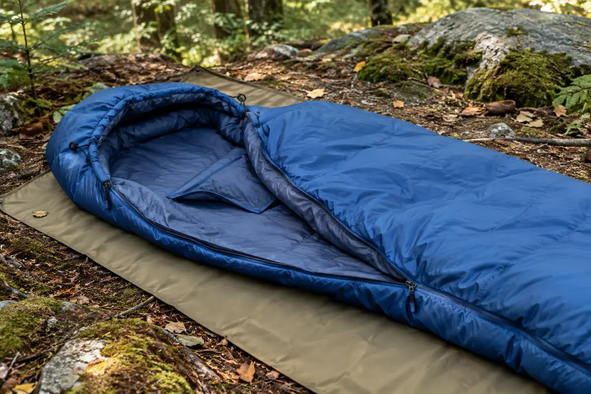 Sac de couchage bleu Bessport ouvert sur un tapis de bivouac dans un sous-bois de montagne