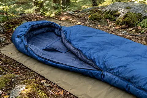 Sac de couchage bleu Bessport ouvert sur un tapis de bivouac dans un sous-bois de montagne