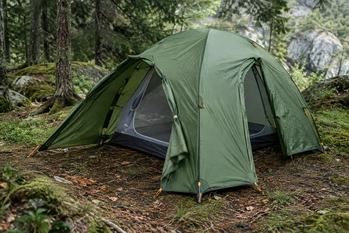 Tente dôme verte Bessport installée en sous-bois, avec une porte ouverte et son vestibule visible.