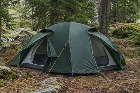Tente dôme Bessport vert foncé à deux portes et vestibules installée dans un sous-bois