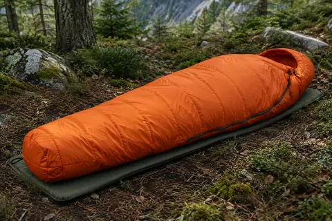 Sac de couchage momie orange BISINNA posé sur un tapis de bivouac dans un sous-bois de montagne