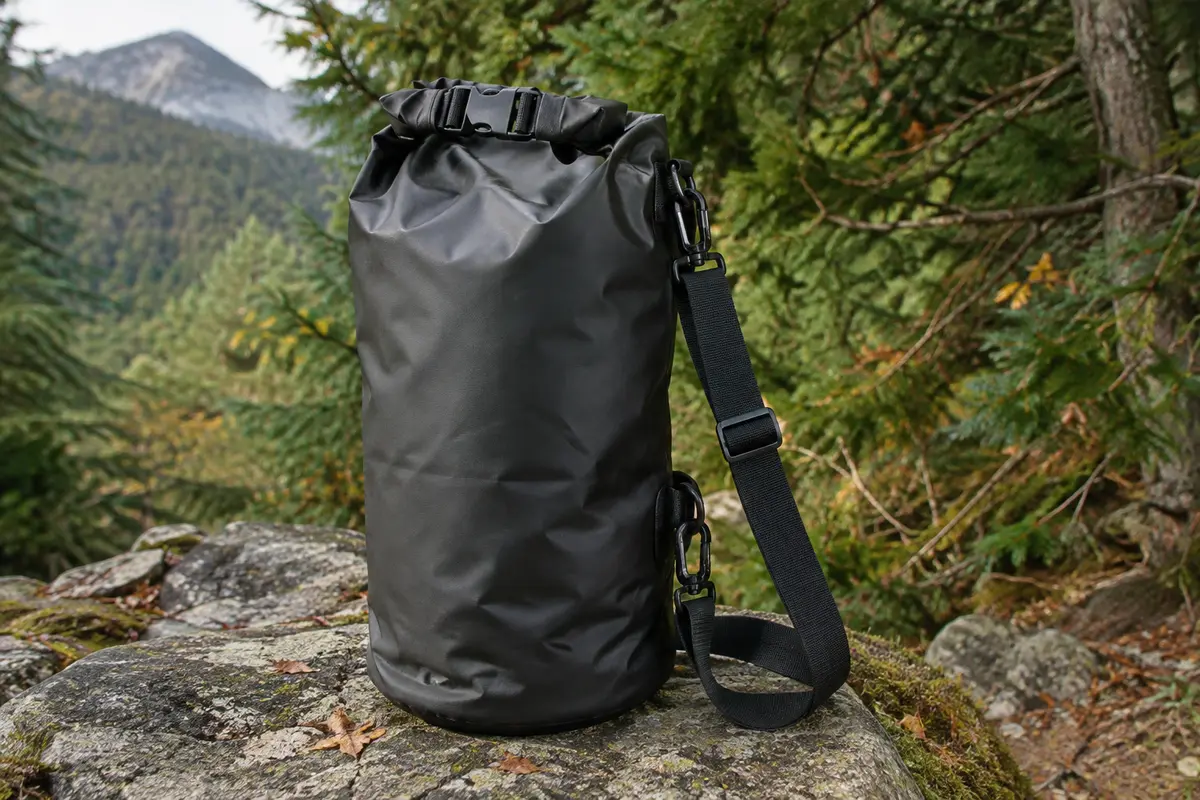Sac étanche noir à fermeture roulée et sangle réglable posé sur un rocher dans un sous-bois.