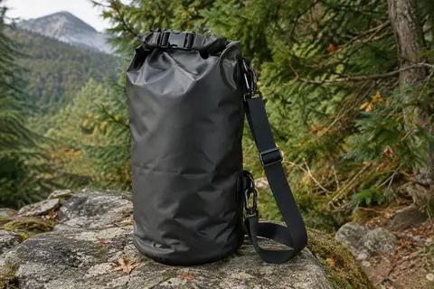 Sac étanche noir à fermeture roulée et sangle réglable posé sur un rocher dans un sous-bois.
