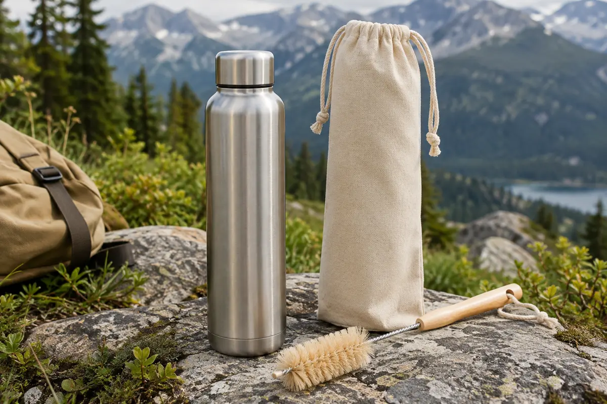 Gourde isotherme Blockhütte en inox brossé avec son bouchon à vis et ses accessoires de transport