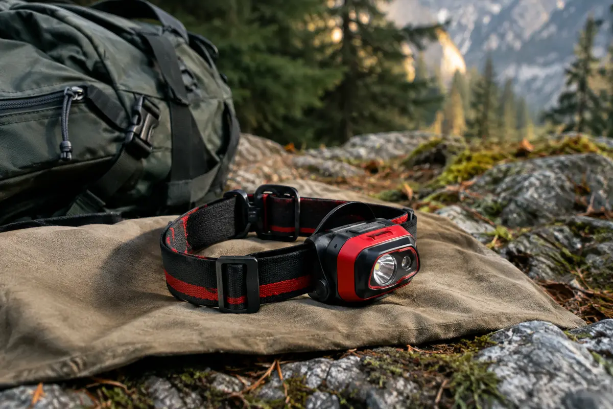 Lampe frontale rouge et noire avec bandeau élastique, posée sur une toile dans un sous-bois
