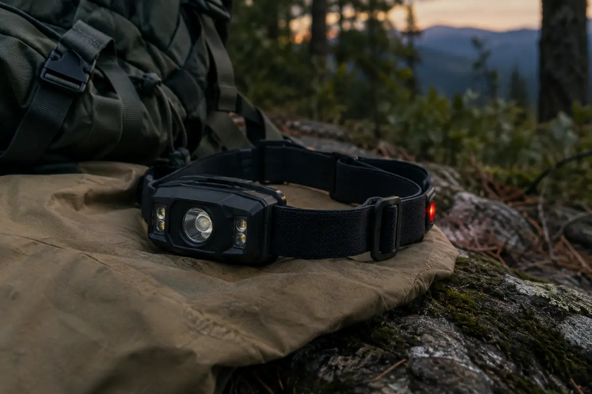 Lampe frontale noire à boîtier rectangulaire et bandeau élastique, posée sur une toile sable en sous-bois.