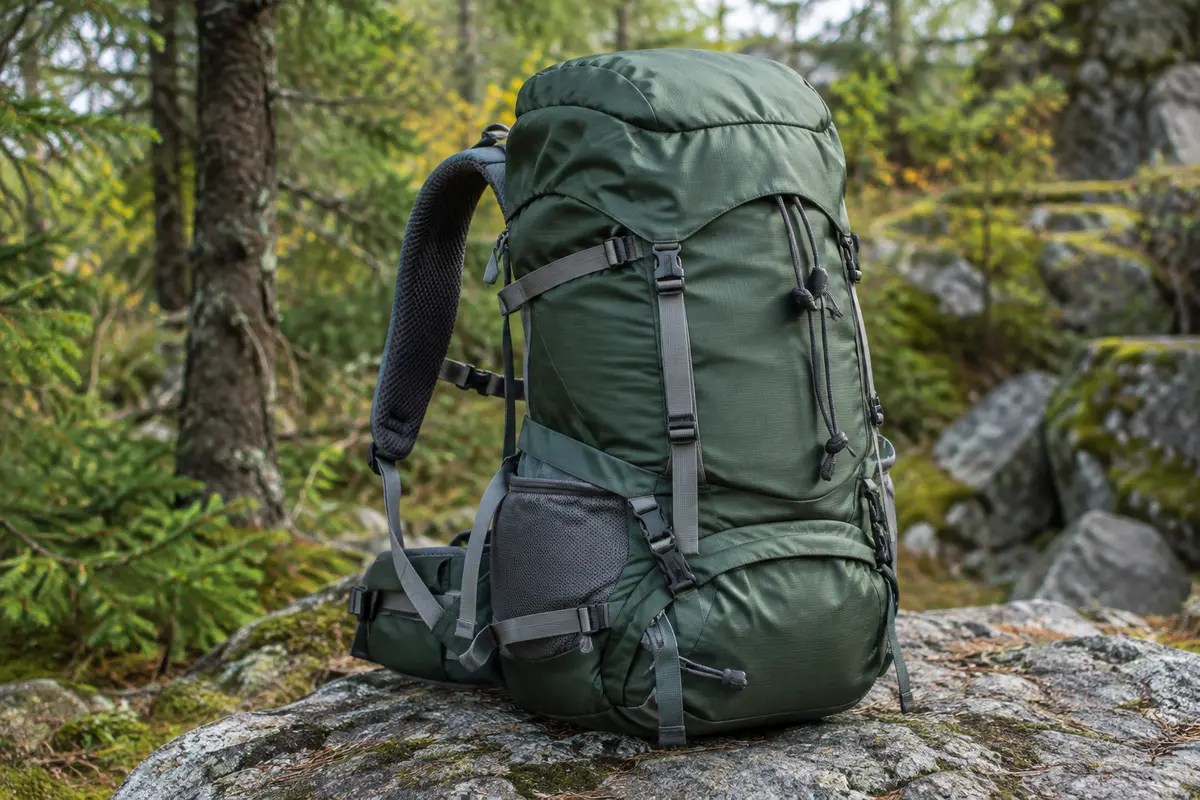 Sac à dos Bseash de 60 litres posé en sous-bois, avec poches latérales et sangles réglables visibles
