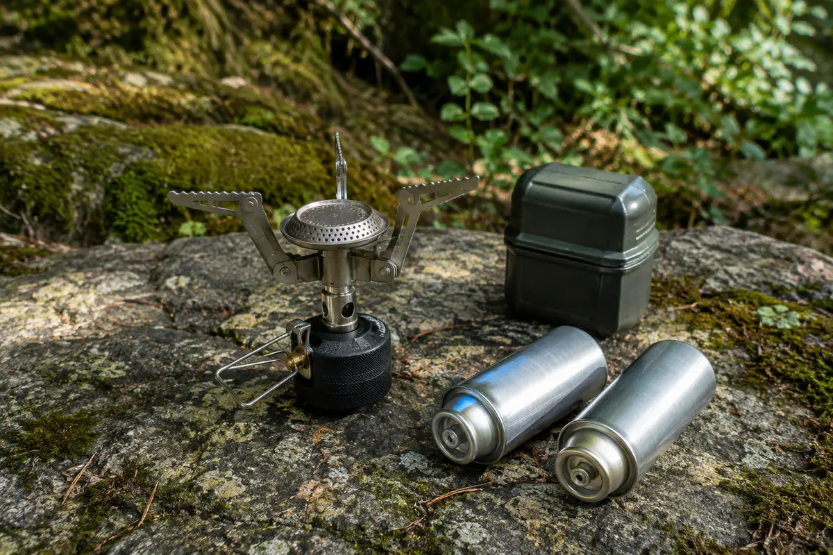Réchaud de camping à quatre supports posé dans un sous-bois, avec deux cartouches perçables à côté.