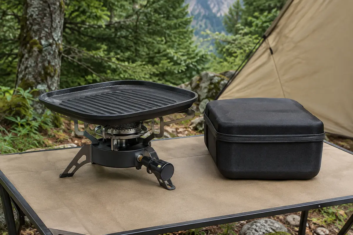 Réchaud de camping à gaz avec plaque de grill antiadhésive et étui rigide dans un sous-bois