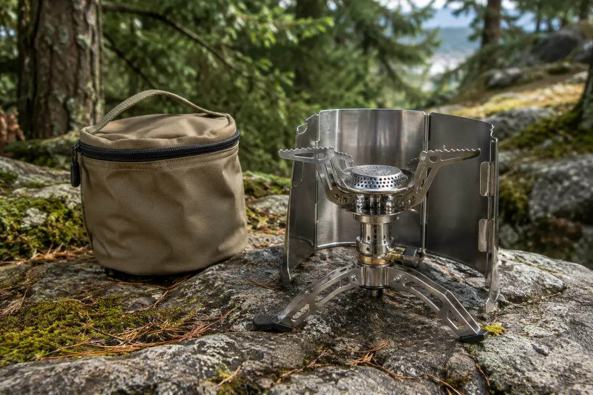 Réchaud de camping en acier avec stabilisateur et pare-vent, posé dans un sous-bois de montagne.