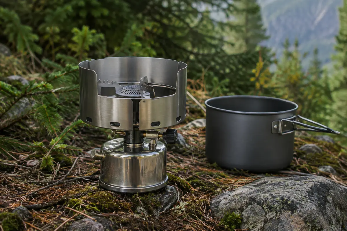 Réchaud de camping Super Carena en acier inoxydable avec pare-vent intégré, installé dans un sous-bois