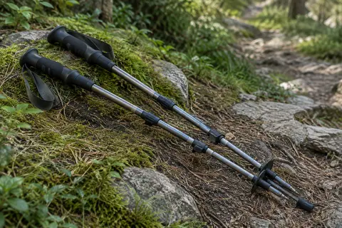 Paire de bâtons de randonnée télescopiques en aluminium anodisé, posés sur un sentier de sous-bois.
