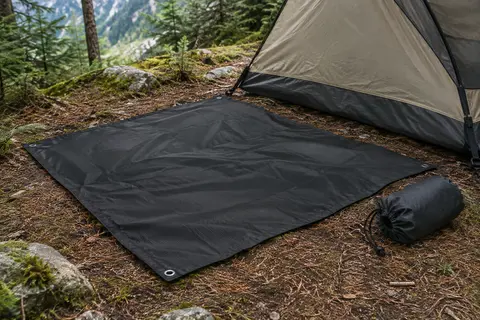 Bâche de sol Clostnature noire dépliée sous une tente, avec son sac de rangement posé dans un sous-bois