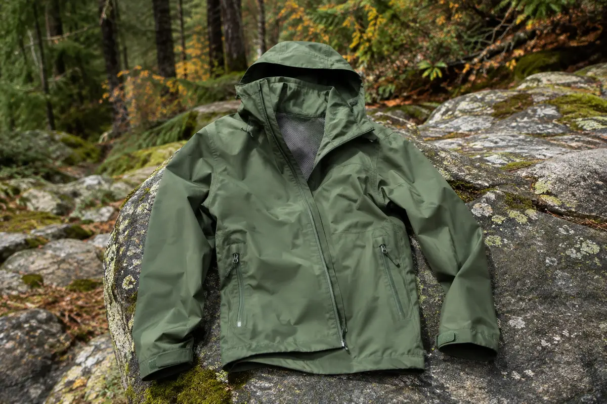 Veste imperméable pour femme vert Safari posée sur une pierre dans un sous-bois de montagne