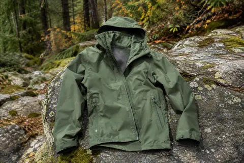 Veste imperméable pour femme vert Safari posée sur une pierre dans un sous-bois de montagne
