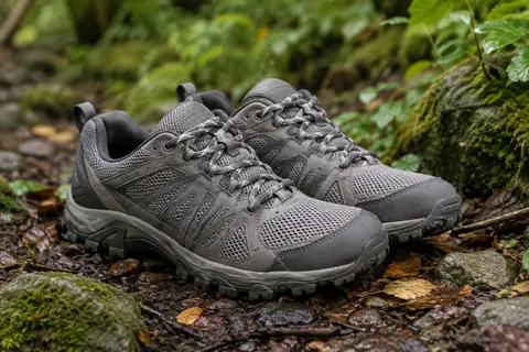 Chaussures de randonnée basses grises en maille avec semelles en caoutchouc, posées sur un sentier de sous-bois.
