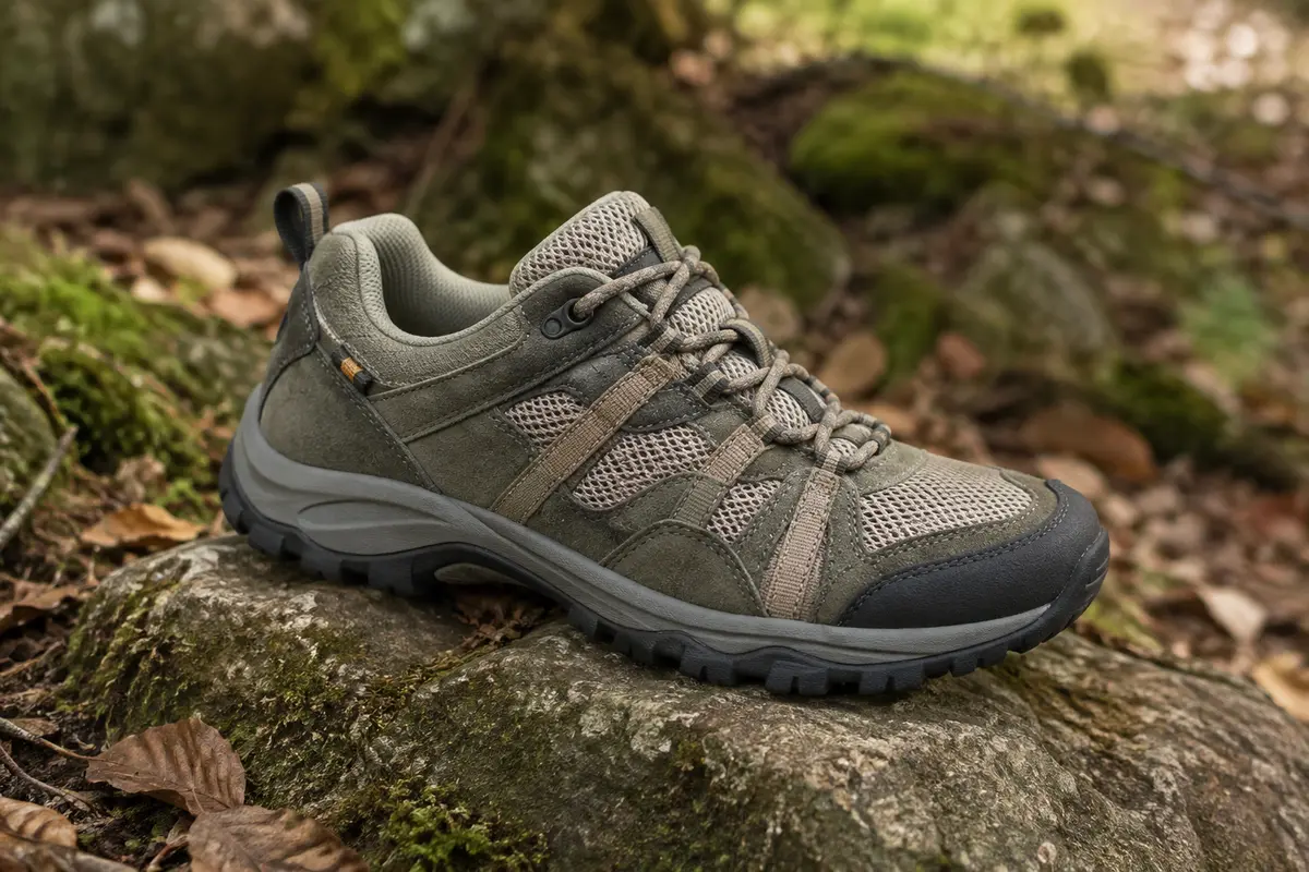 Chaussure basse de randonnée en cuir, maille et sangles posée sur une pierre en sous-bois.