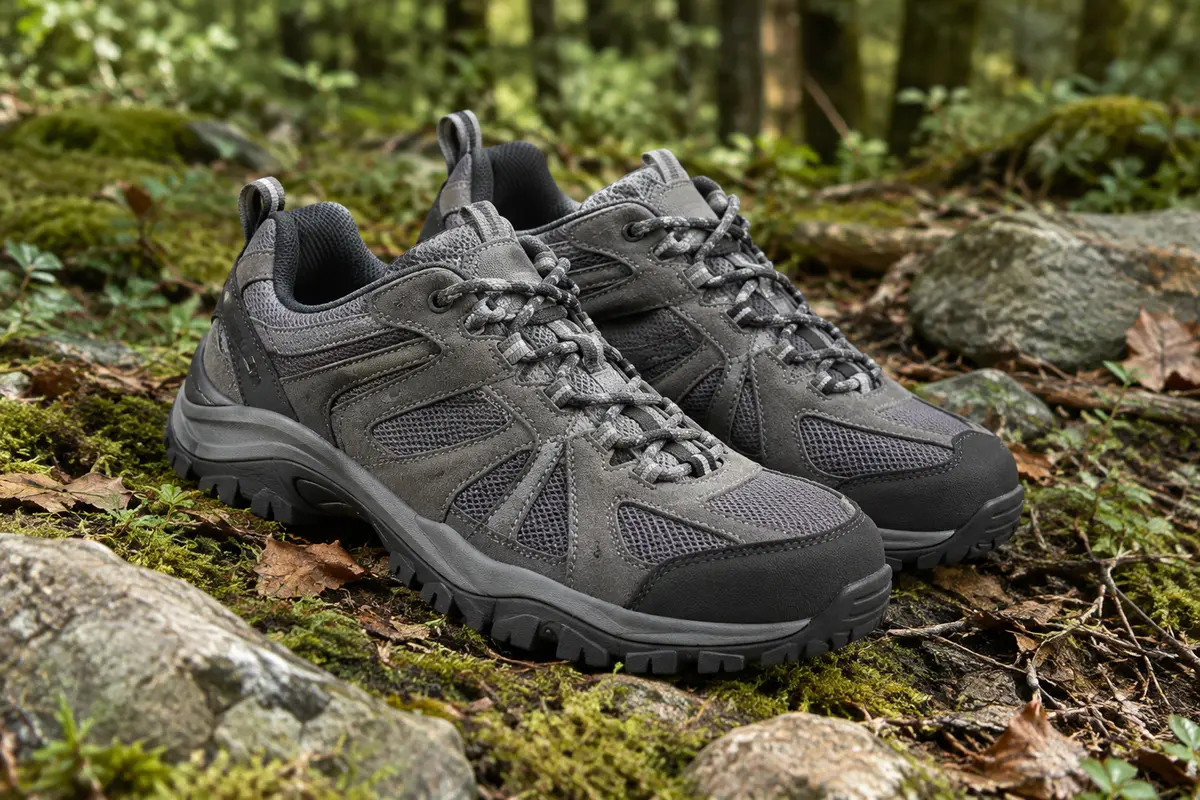 Paire de chaussures basses de randonnée grises, en cuir et textile, posées sur un sol de sous-bois.