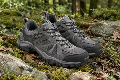 Paire de chaussures basses de randonnée grises, en cuir et textile, posées sur un sol de sous-bois.