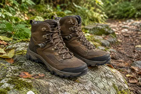 Chaussures de randonnée montantes brunes en simili cuir et maille posées sur une pierre en sous-bois.