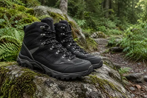 Chaussures de randonnée montantes noires posées sur une roche au bord d’un sentier forestier