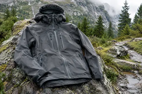 Veste de pluie pour homme à capuche réglable, posée sur une pierre près d’un sentier humide.