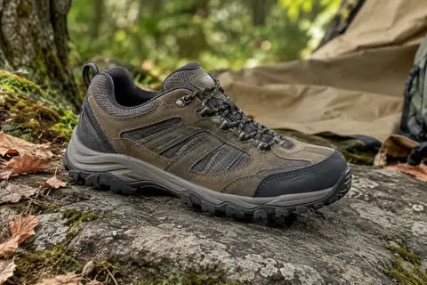 Chaussure basse Columbia Woodburn II en cuir et maille posée sur une pierre en sous-bois