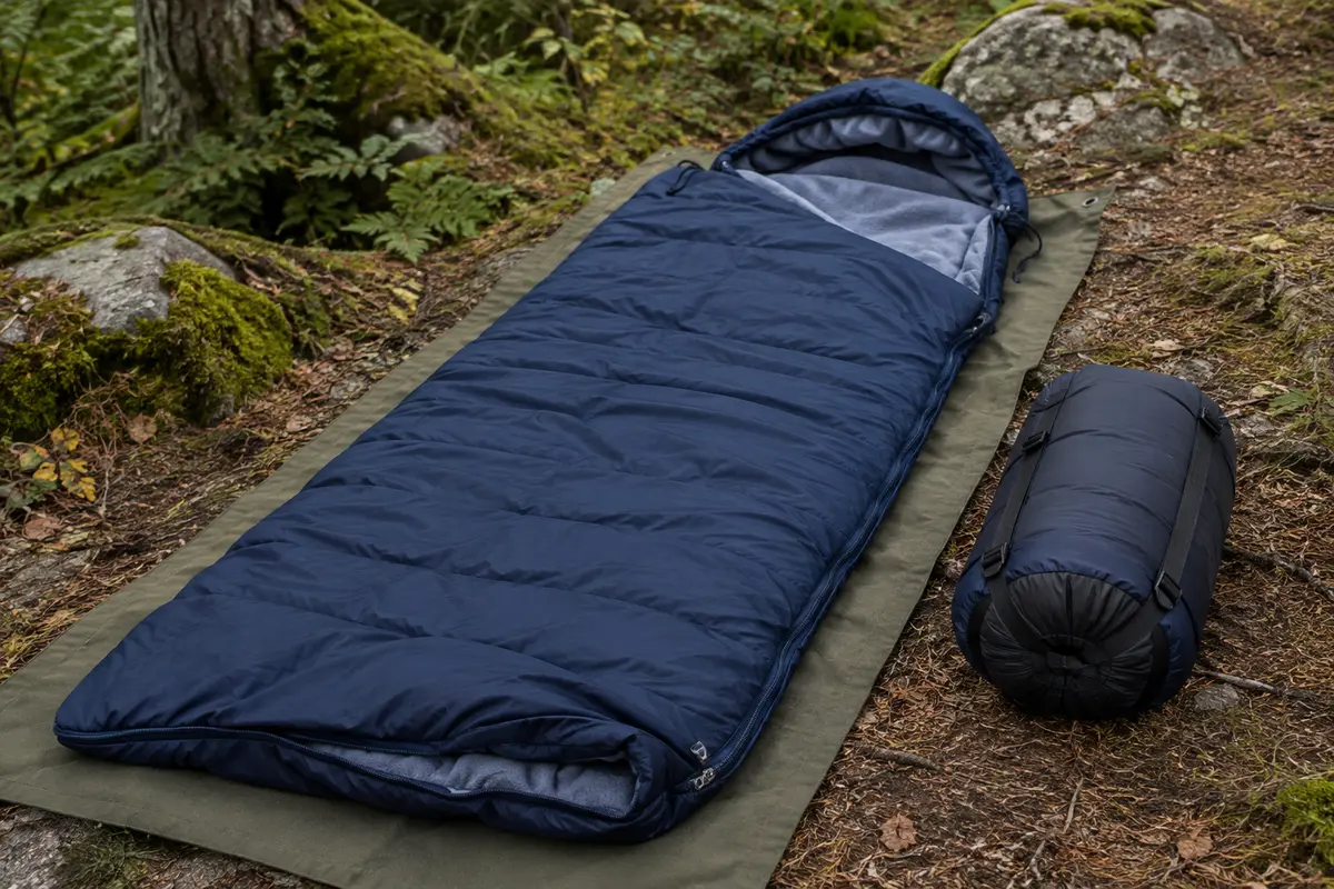 Sac de couchage rectangulaire bleu marine avec capuche et housse de compression posé dans un sous-bois