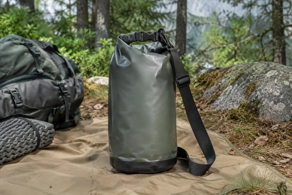 Sac étanche DonDon en PVC avec fermeture à enroulement et bandoulière, posé dans un sous-bois