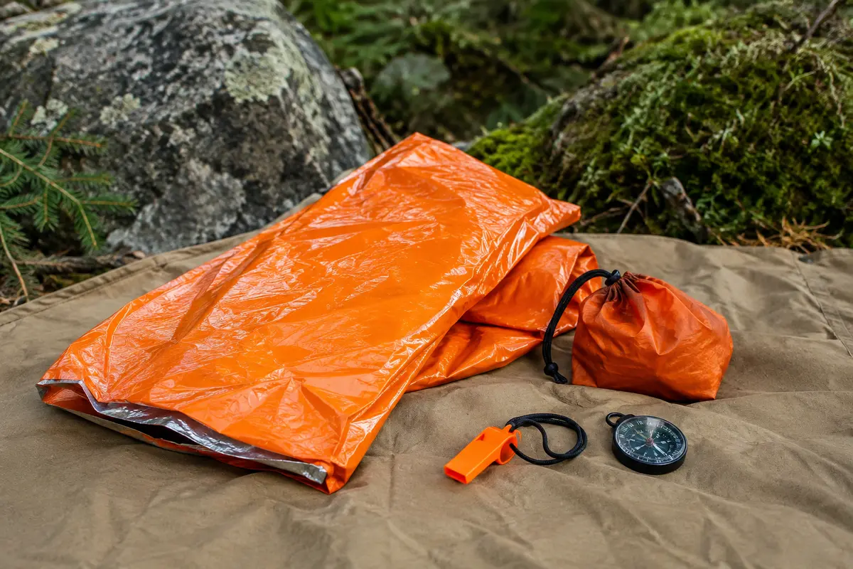 Sac de bivouac de survie orange avec pochette, sifflet et boussole posé sur une toile en sous-bois