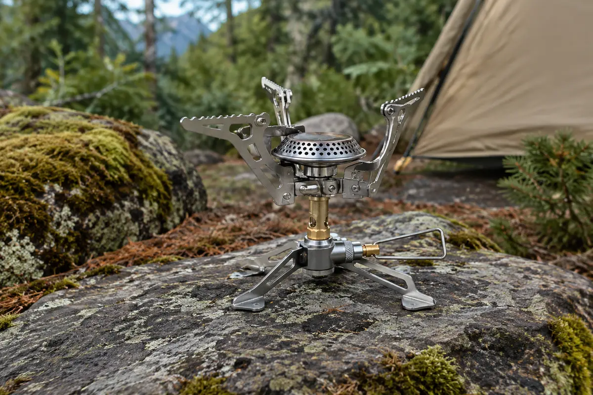 Réchaud de camping Fire-Maple Buzz déplié sur une pierre en sous-bois, avec ses supports métalliques visibles.