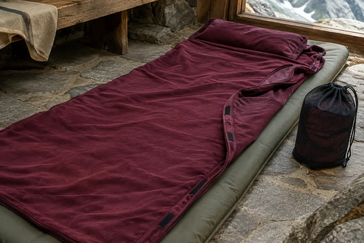 Drap de sac de couchage Fit-Flip en microfibre vin rouge, avec ouverture latérale et compartiment pour oreiller