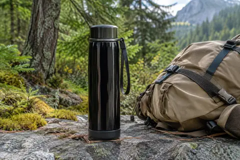 Gourde isotherme Fjbottle noire en inox avec couvercle magnétique, poignée et sangle, posée en sous-bois.