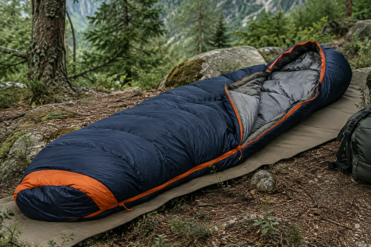 Sac de couchage momie bleu marine et orange posé sur un tapis de bivouac dans un sous-bois