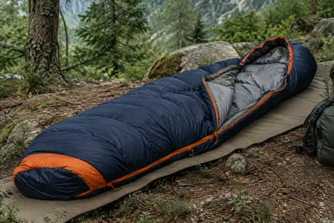 Sac de couchage momie bleu marine et orange posé sur un tapis de bivouac dans un sous-bois