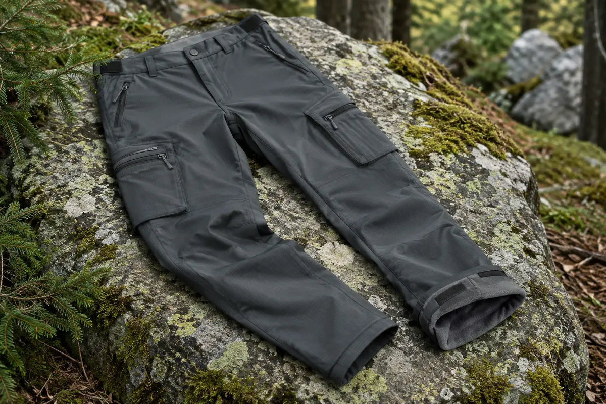 Pantalon de randonnée softshell doublé de polaire posé sur une roche en sous-bois
