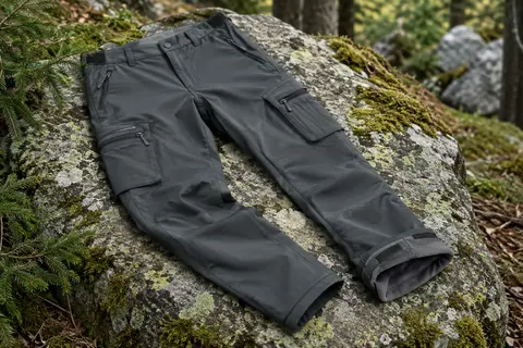 Pantalon de randonnée softshell doublé de polaire posé sur une roche en sous-bois