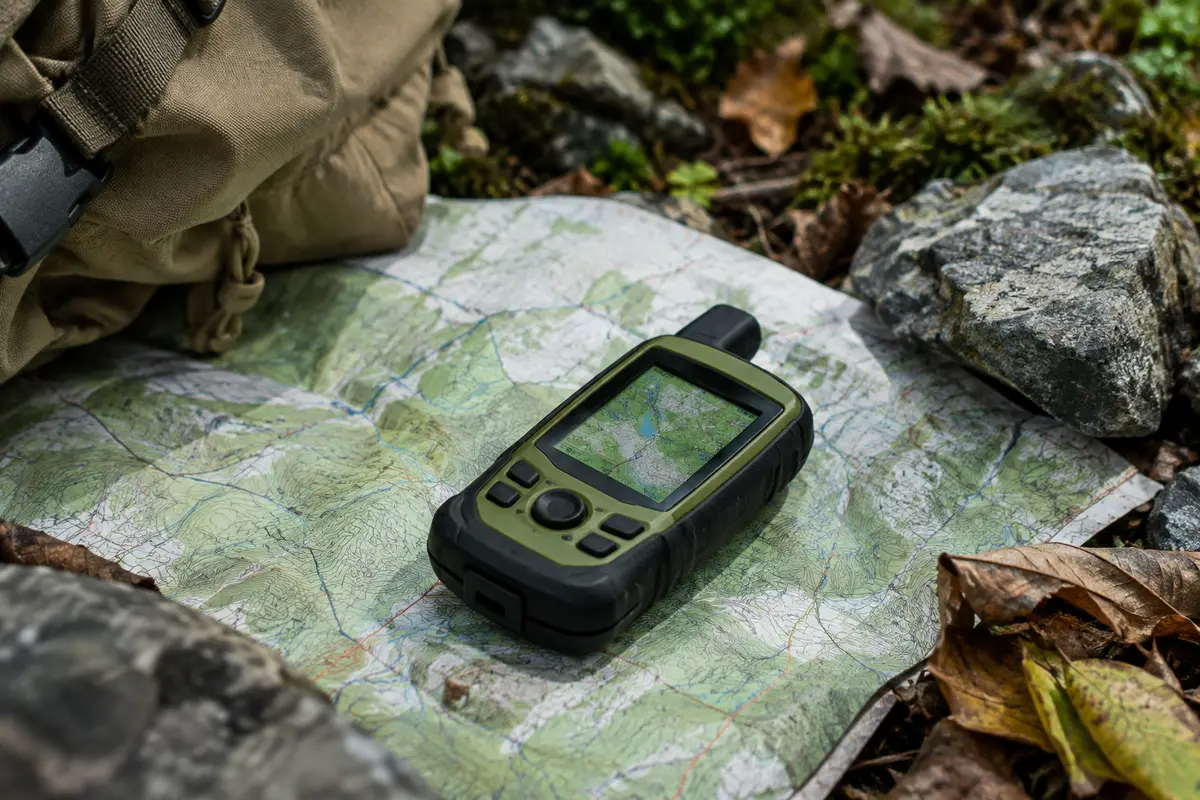 GPS de randonnée portable vert posé sur une carte topographique dans un sous-bois de montagne.