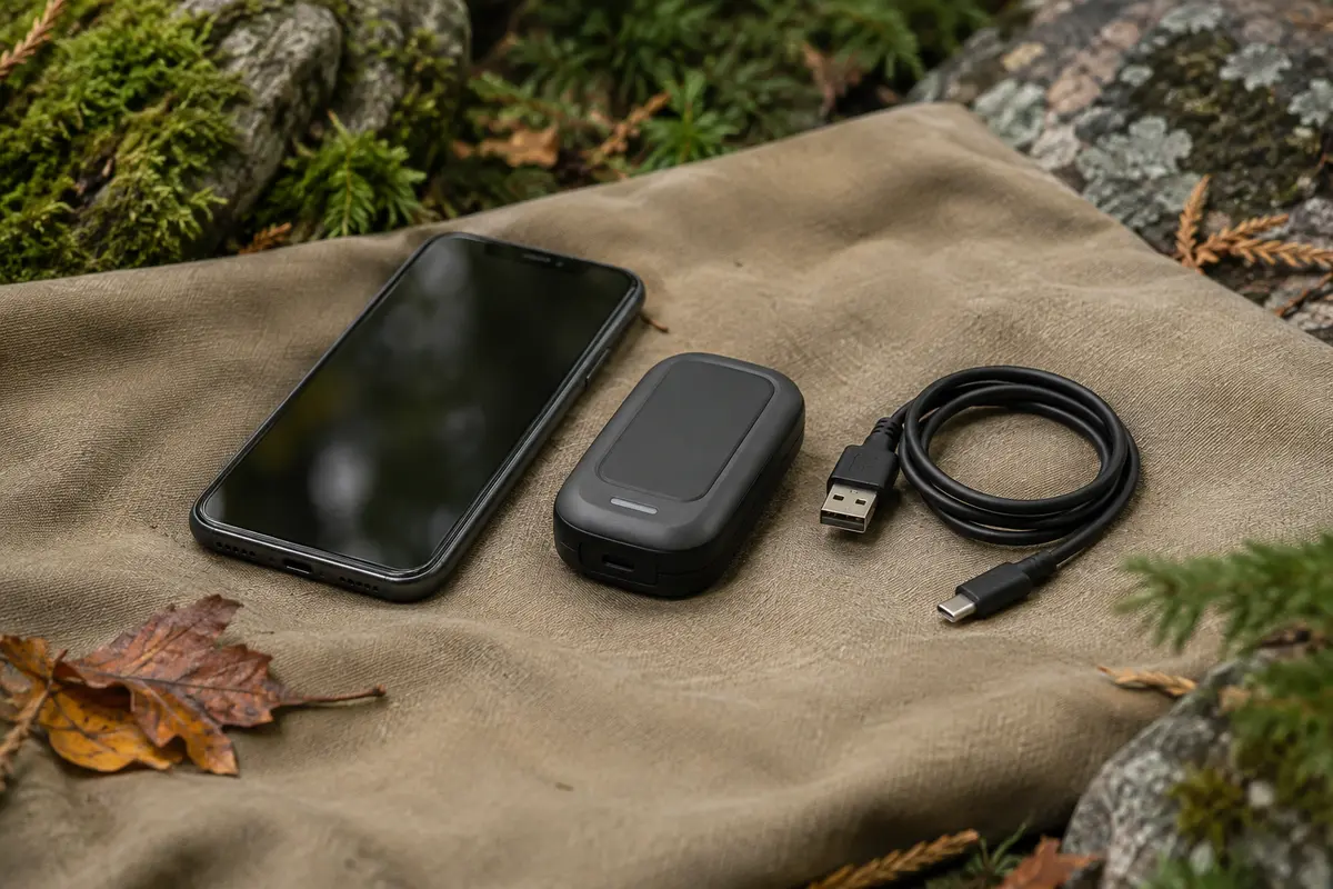 Récepteur GPS Garmin GLO 2 compact posé avec un câble USB dans un sous-bois de montagne