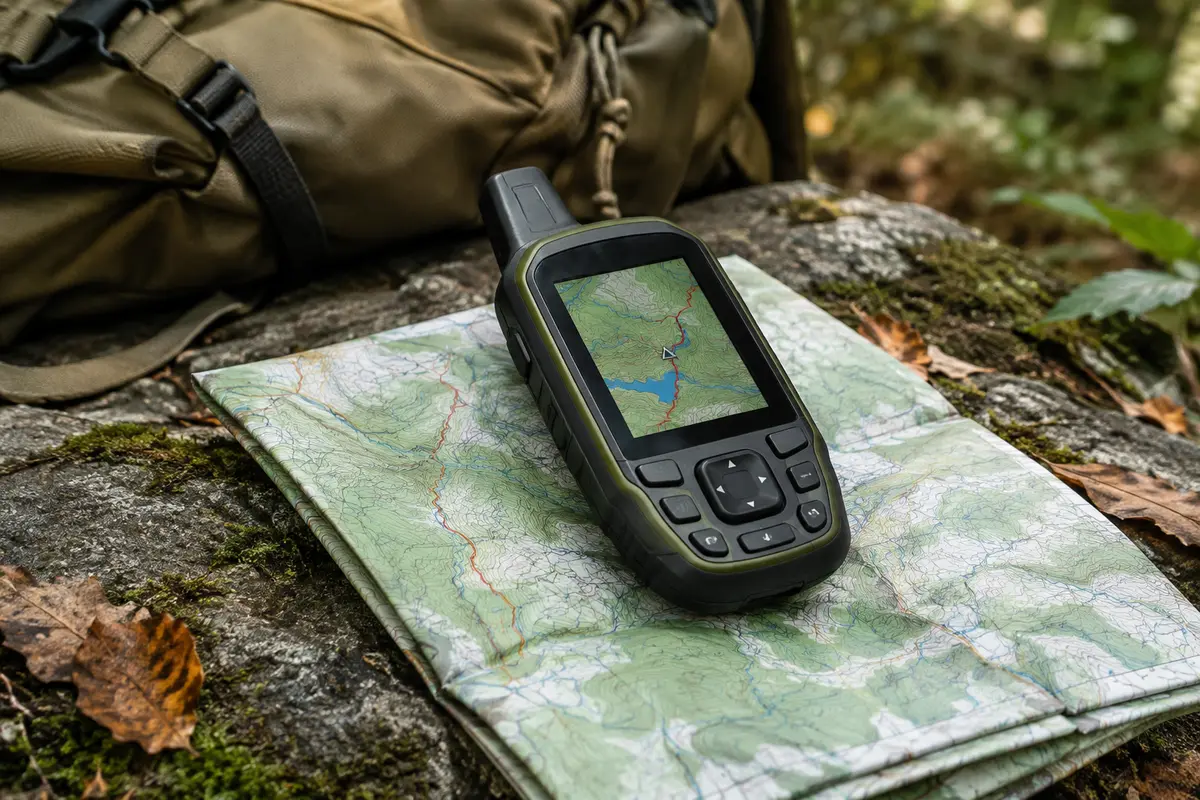 GPS de randonnée portable à écran couleur et boutons posé sur une carte au bord d’un sous-bois