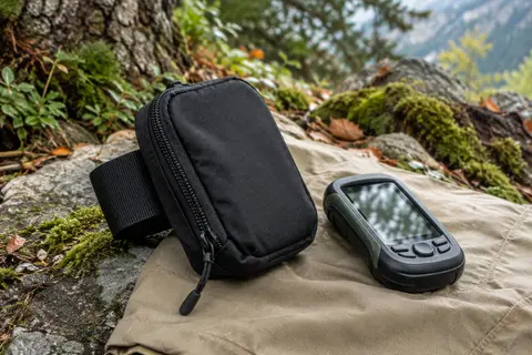 Housse GPS Garmin souple en nylon noir avec fermeture zippée et passant de ceinture, posée en sous-bois.
