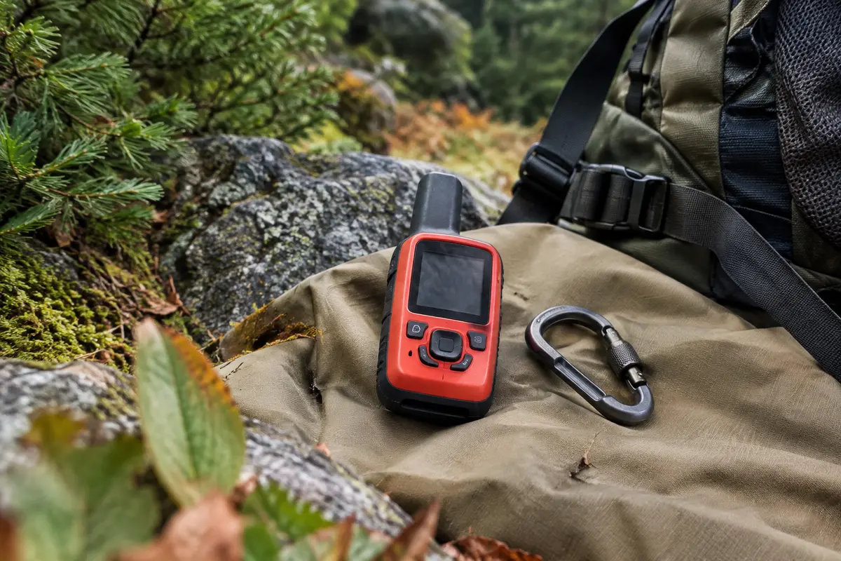 Balise satellite compacte rouge avec écran LCD et boutons, posée sur une toile sable en sous-bois