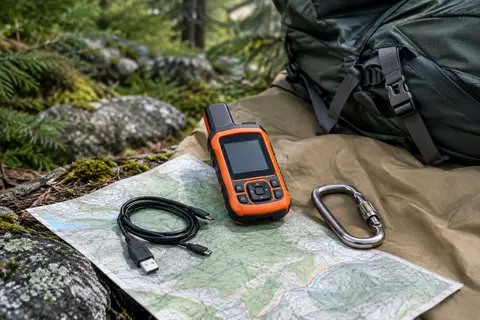 Communicateur satellite Garmin compact orange posé sur une carte dans un décor de sous-bois