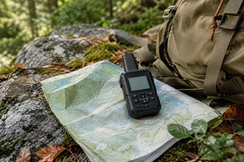 Communicateur satellite noir Garmin inReach Mini 2 posé sur une carte en sous-bois
