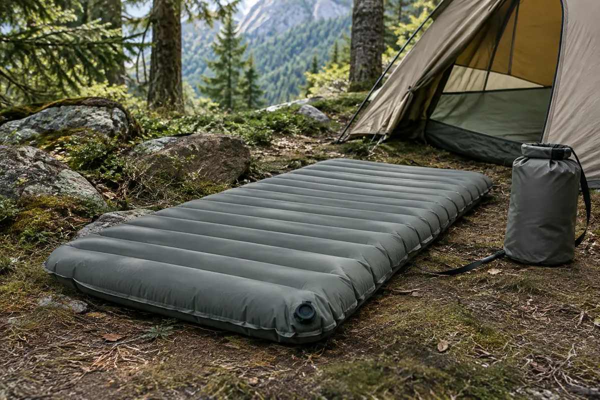 Matelas gonflable de bivouac en nylon déplié dans un sous-bois, avec son sac de gonflage posé à côté