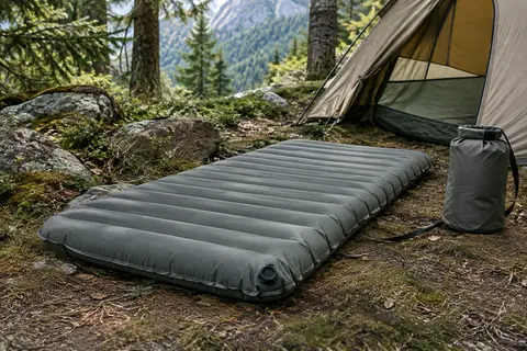 Matelas gonflable de bivouac en nylon déplié dans un sous-bois, avec son sac de gonflage posé à côté
