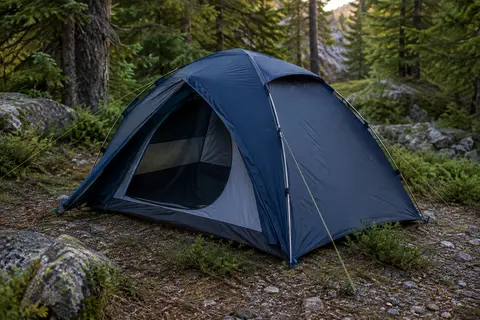 Tente dôme Geertop bleu nuit pour deux personnes montée dans un sous-bois de montagne